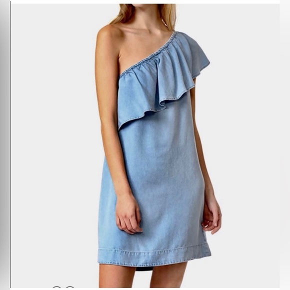 7 FOR ALL MAN KIND-One-Shoulder Ruffled Denim Dress, Indigo. Size XS. - Picture 1 of 6